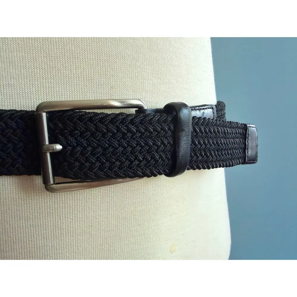 Original PENGUIN Black Stretch Woven Belt w/Leather Trim sz 36